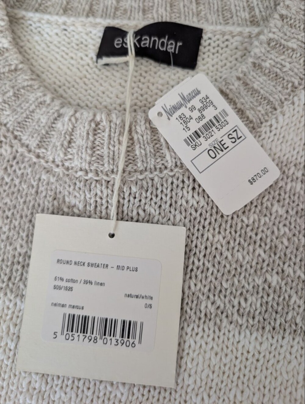 NWT Eskandar Oversize Striped Pullover Sweater 61% Cotton 39% Linen O/S - Picture 6 of 6